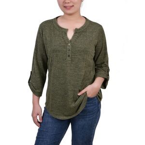 NY Collection Petite 3/4 Roll Tab Sleeve Y Neck Top